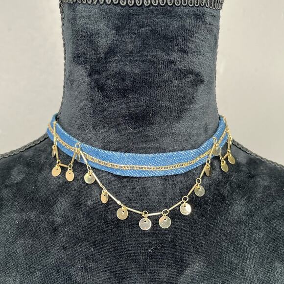 Ettika Denim & Gold Disc Chain Choker Necklace - Picture 1 of 4